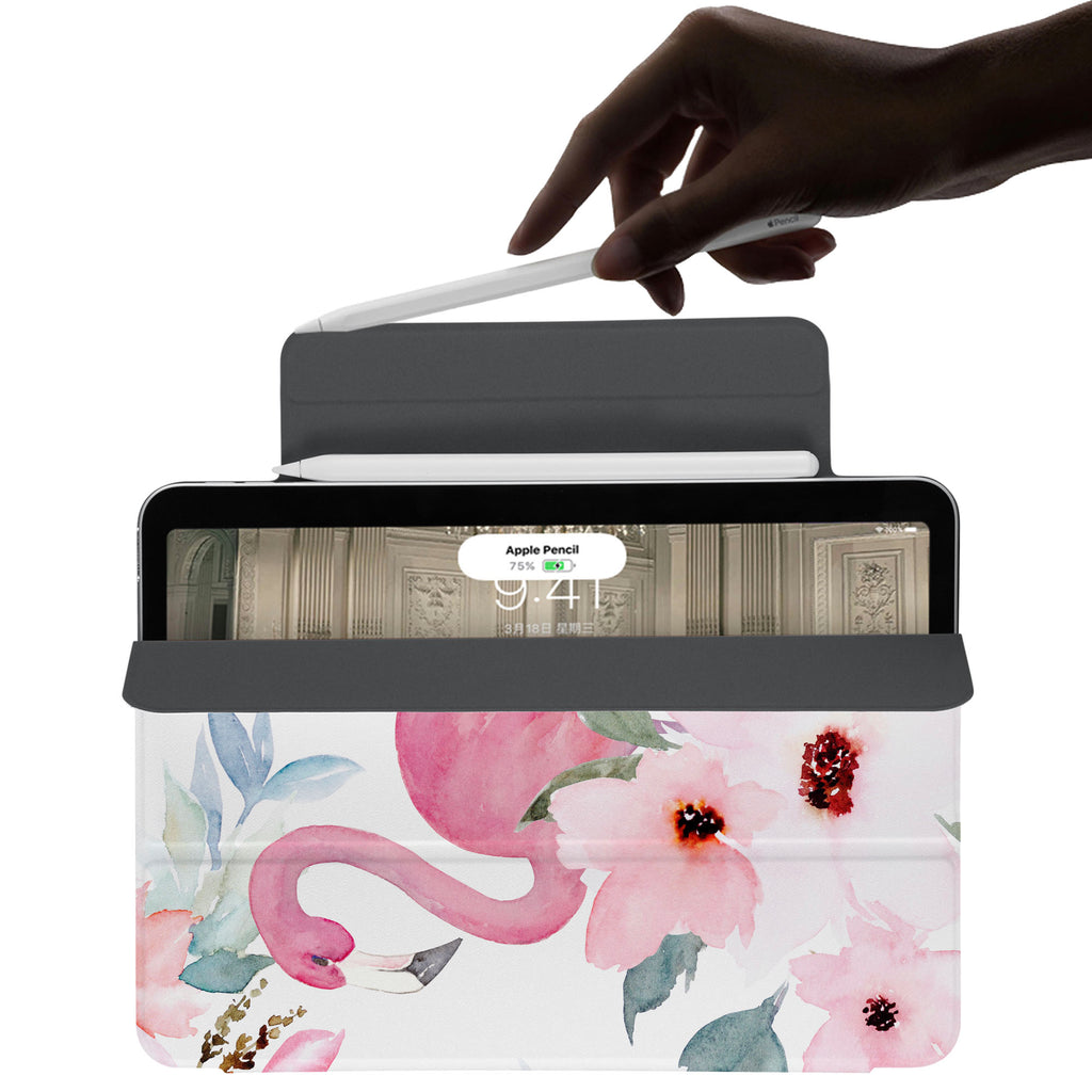the VistaCase Personalized iPad Slim Fit Case with Flamingo design,  The case includes built-in storage and a cutout for easy magnetic attachment of your Pencil, ensuring it's always within reach.