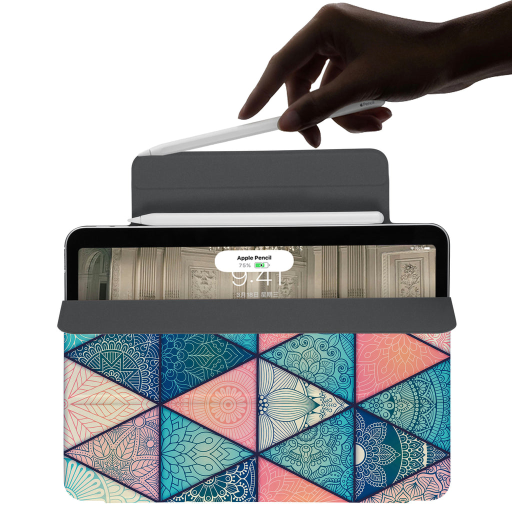 the VistaCase Personalized iPad Slim Fit Case with Aztec Tribal design,  The case includes built-in storage and a cutout for easy magnetic attachment of your Pencil, ensuring it's always within reach.