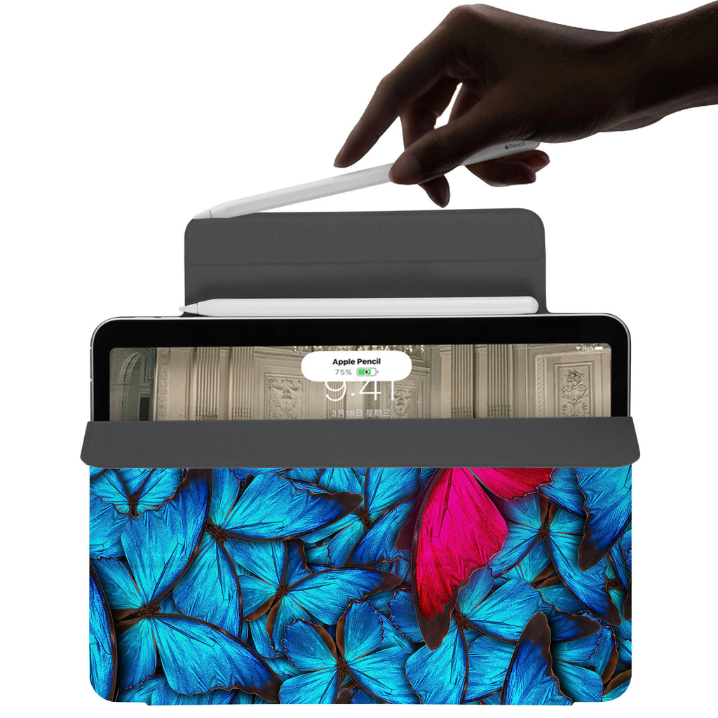 the VistaCase Personalized iPad Slim Fit Case with Butterfly design,  The case includes built-in storage and a cutout for easy magnetic attachment of your Pencil, ensuring it's always within reach.