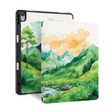 front and back view of personalized iPad case with pencil holder and Landscape design