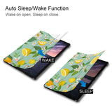 It automatically wakes your iPad when opened and sends it to sleep when closed with Tropical Fruits design