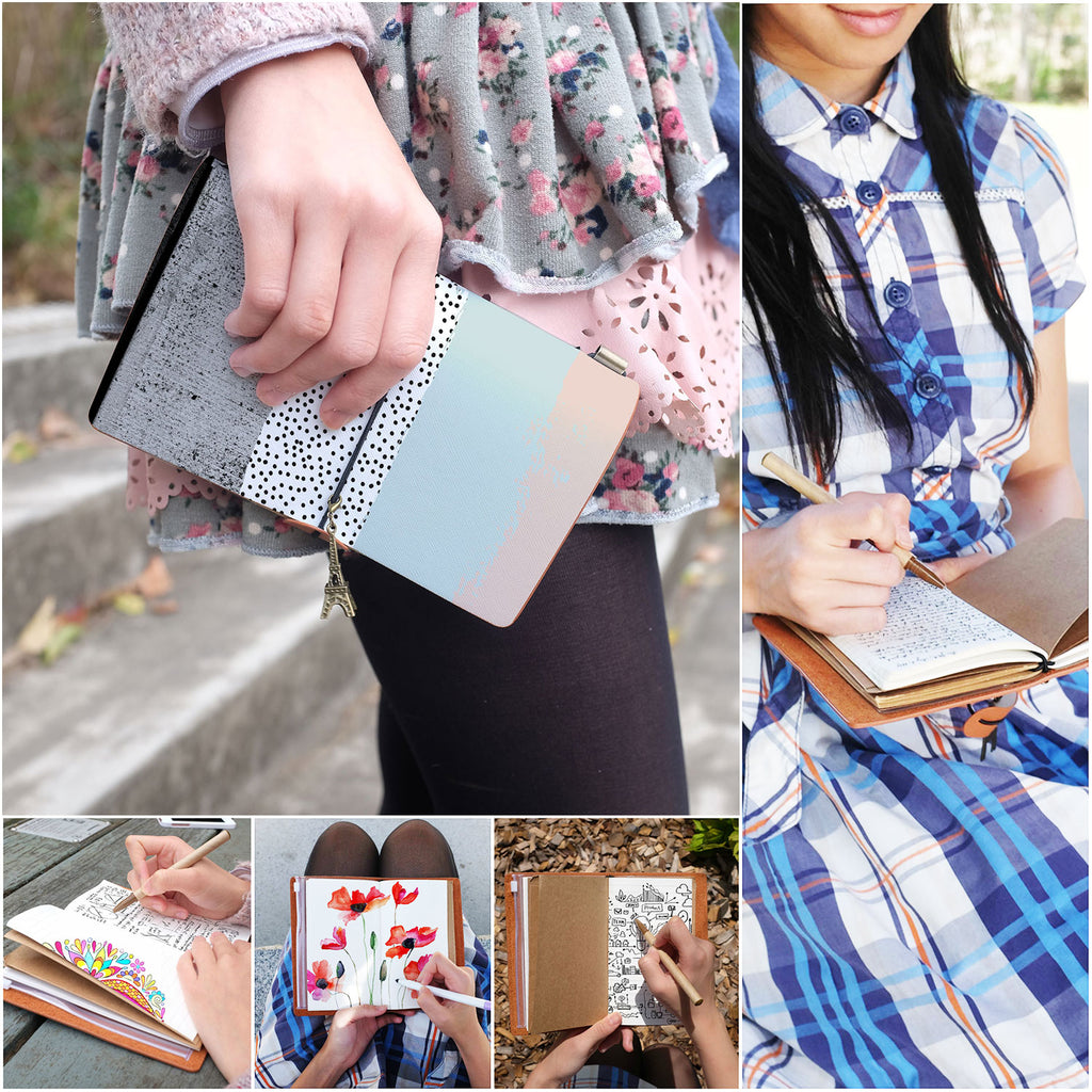 
a young girl holding midori style traveler's notebook with scandi spots and stripes design