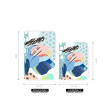 
comparison of two sizes of personalized RFID blocking passport travel wallet with abstract doodles design