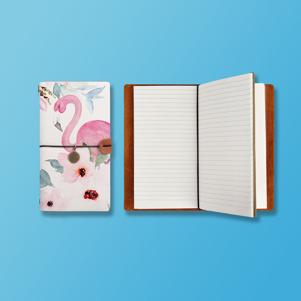 the front top view of midori style traveler's notebook with Flamingo design