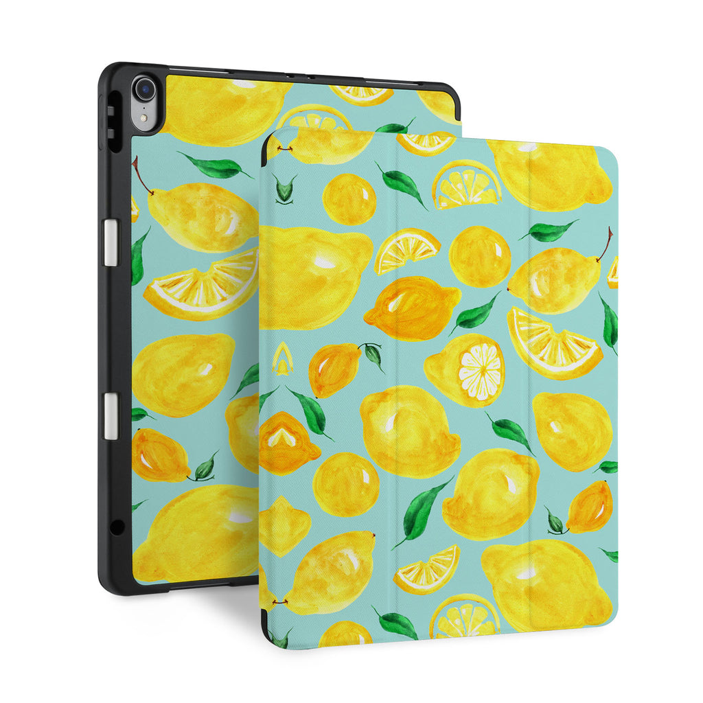 front back and stand view of personalized iPad case with pencil holder and Fruit design - swap