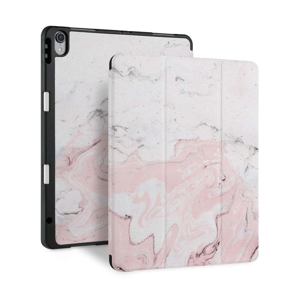 front back and stand view of personalized iPad case with pencil holder and Pink Marble design - swap