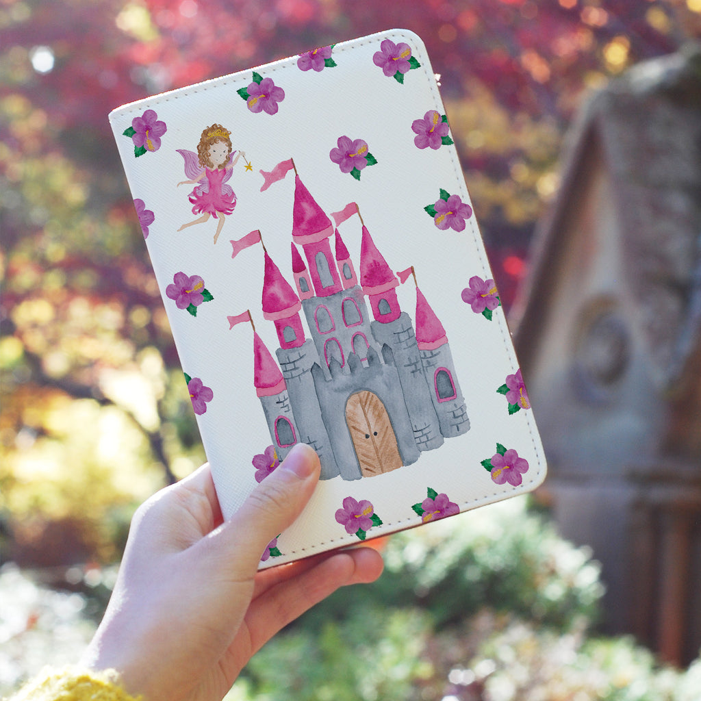 a girl holding personalized RFID blocking passport travel wallet with Fairytale design