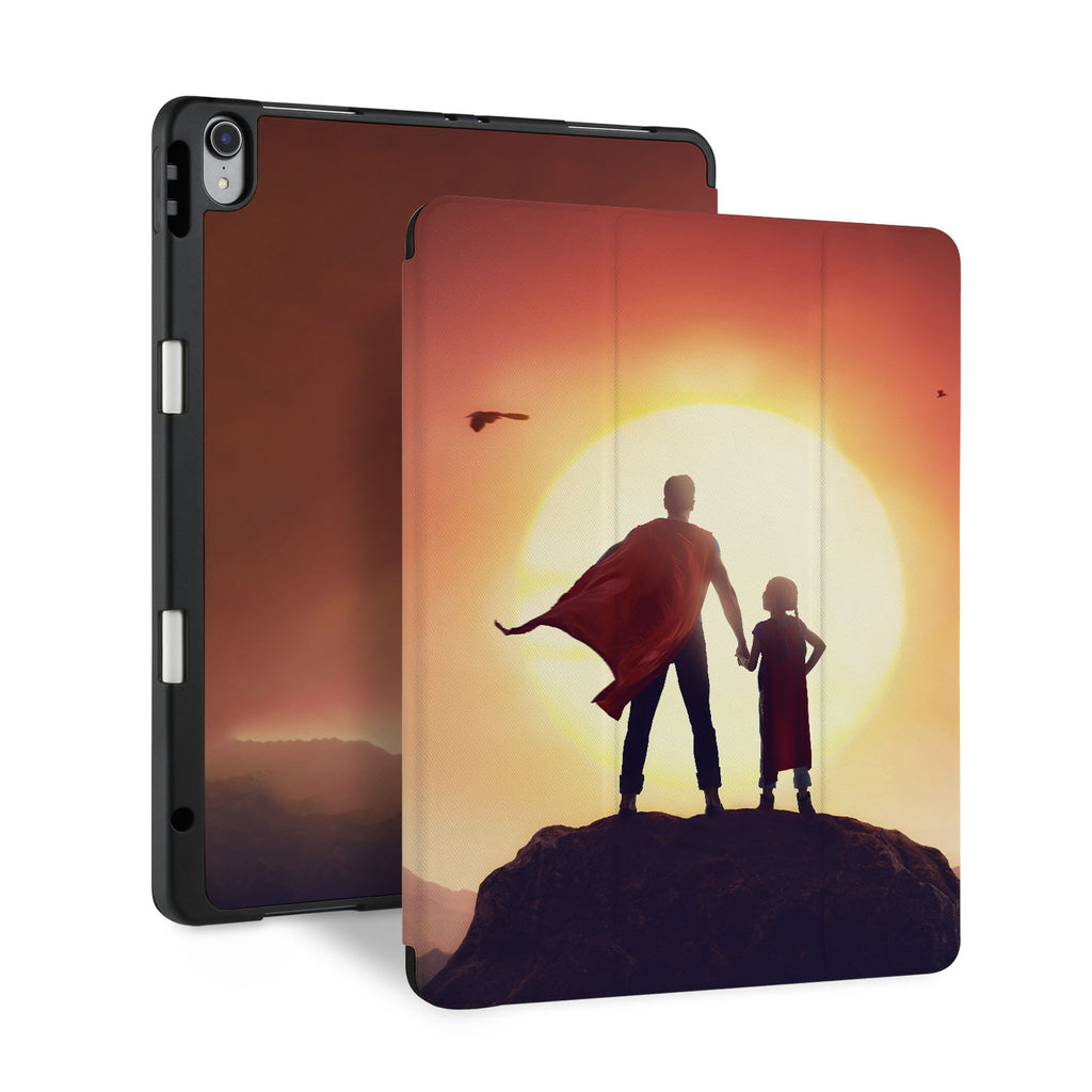 front back and stand view of personalized iPad case with pencil holder and Father Day design - swap