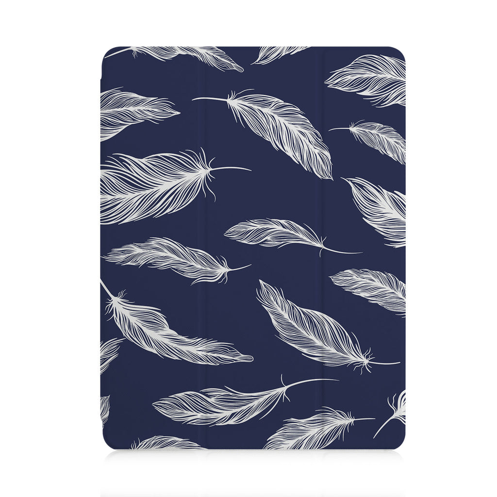 front and back view of personalized iPad case with pencil holder and Feather design