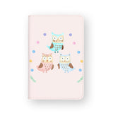 front view of personalized RFID blocking passport travel wallet with Happy Owls design