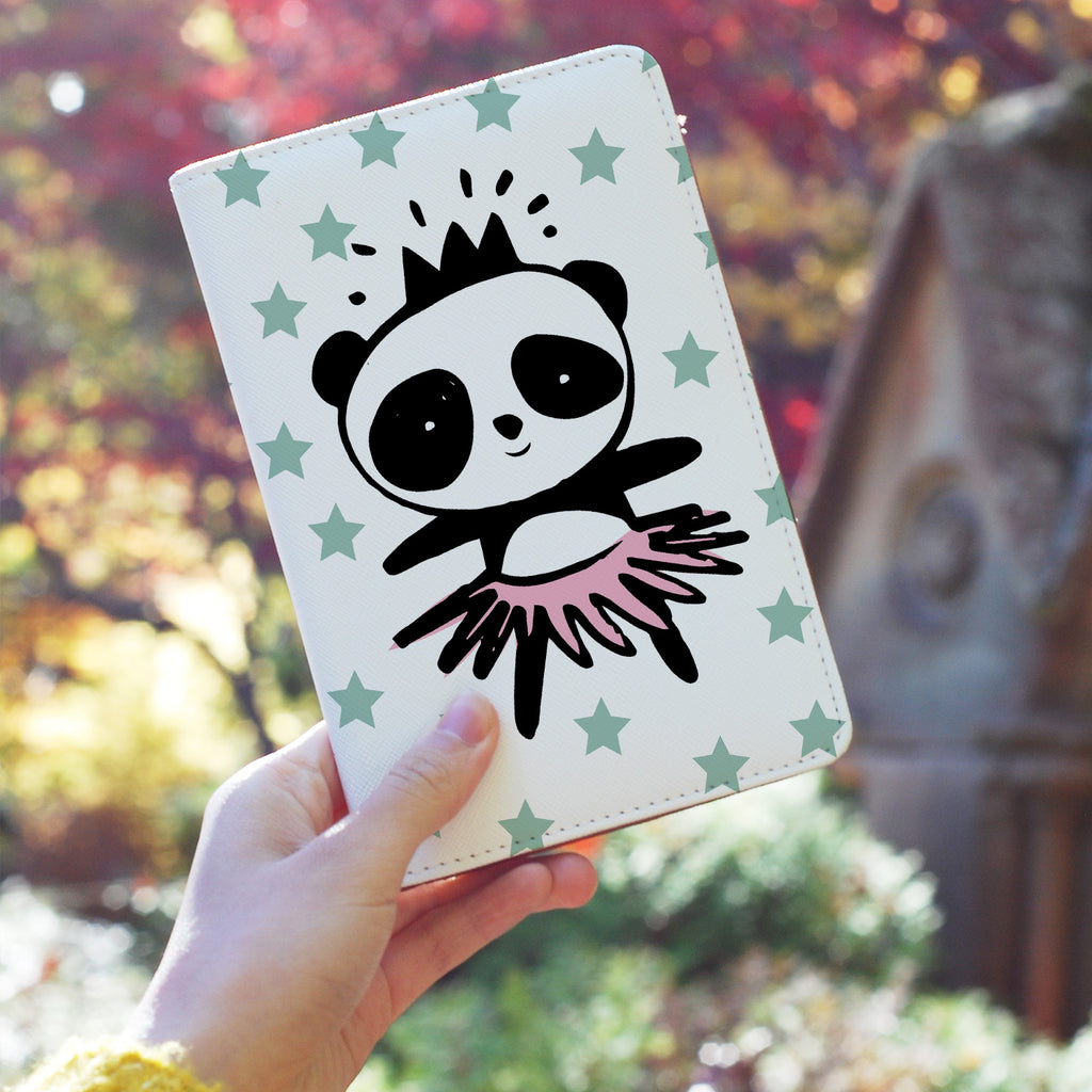 a girl holding personalized RFID blocking passport travel wallet with Pandas design