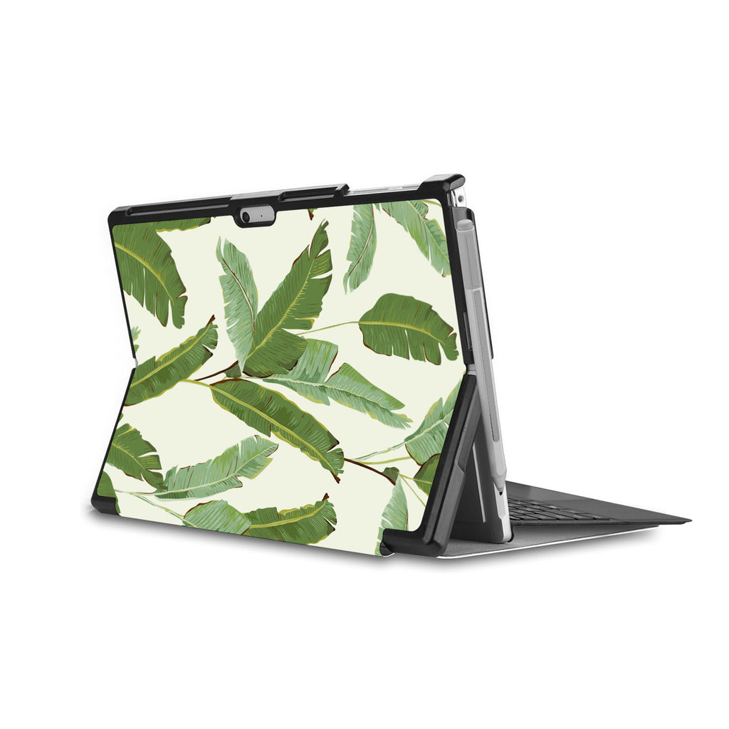 the back side of Personalized Microsoft Surface Pro and Go Case in Movie Stand View with Green Leaves design - swap