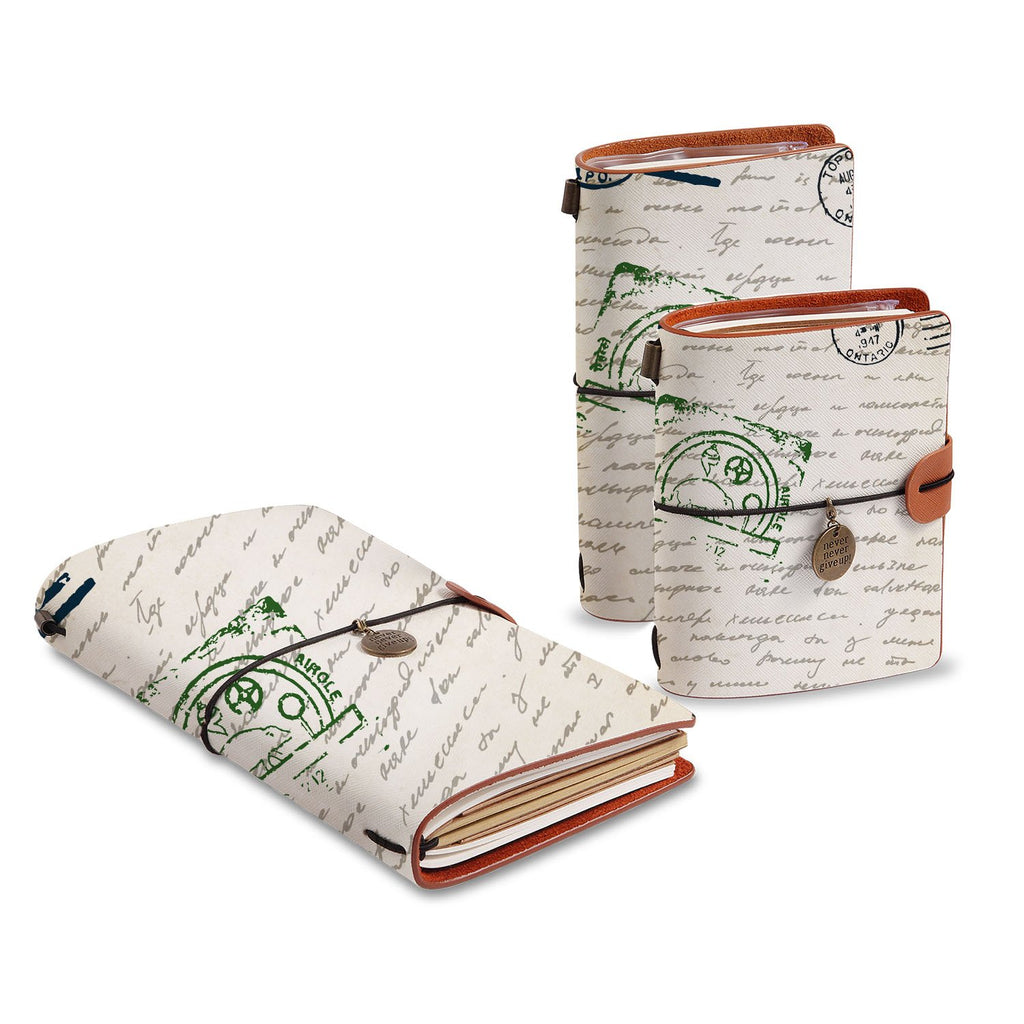three size of midori style traveler's notebooks with Travel design
