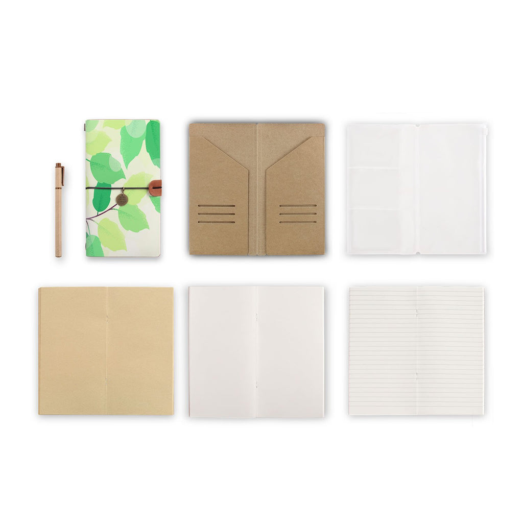 midori style traveler's notebook with Leaves design, refills and accessories