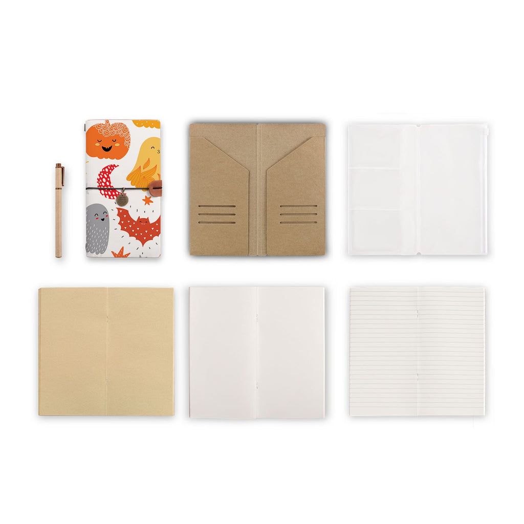 midori style traveler's notebook with Halloween design, refills and accessories