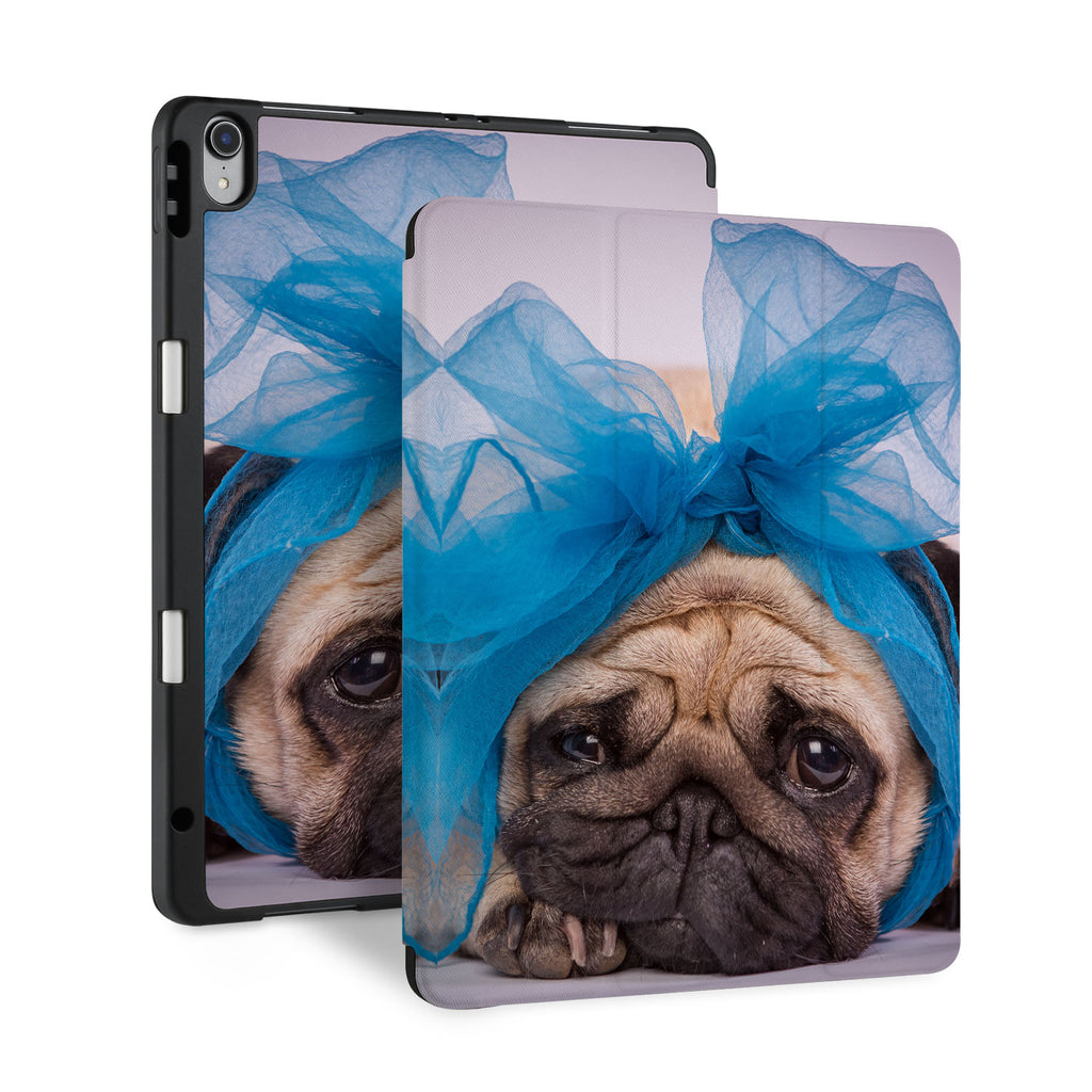 front back and stand view of personalized iPad case with pencil holder and Dog design - swap