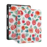 front back and stand view of personalized iPad case with pencil holder and Rose design - swap