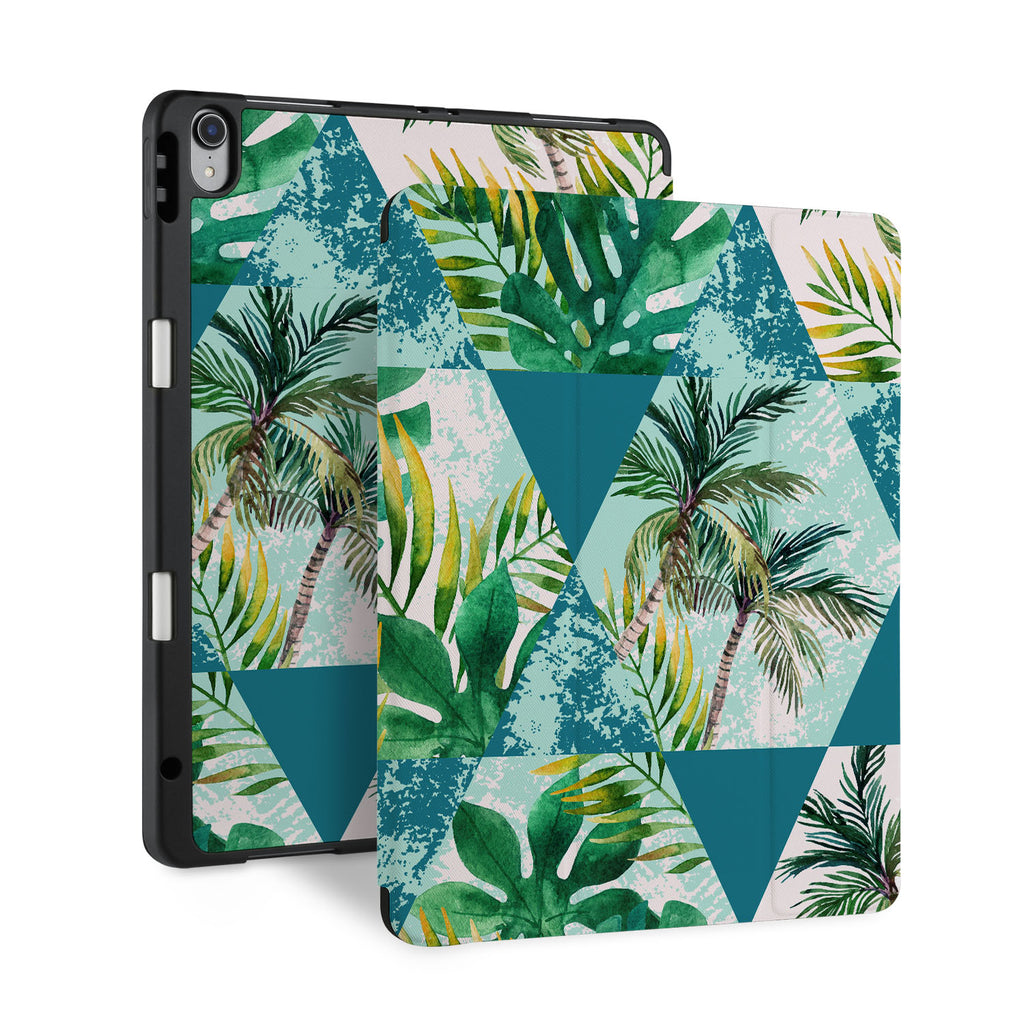 front back and stand view of personalized iPad case with pencil holder and Tropical Leaves design - swap