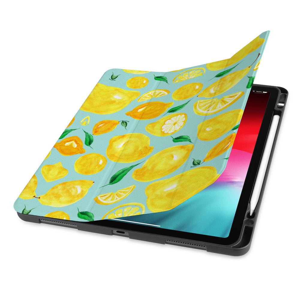 front view of personalized iPad case with pencil holder and Fruit design