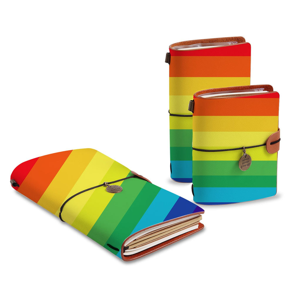 three size of midori style traveler's notebooks with Rainbow design