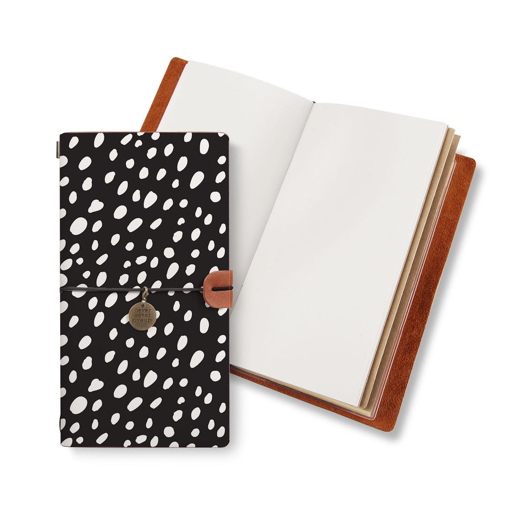 opened midori style traveler's notebook with Polka Dot design