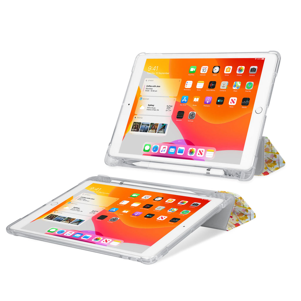 iPad SeeThru Casd with Watercolor Flower Design Rugged, reinforced cover converts to multi-angle typing/viewing stand
