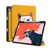front back and stand view of personalized iPad case with pencil holder and Cat Fun design - swap