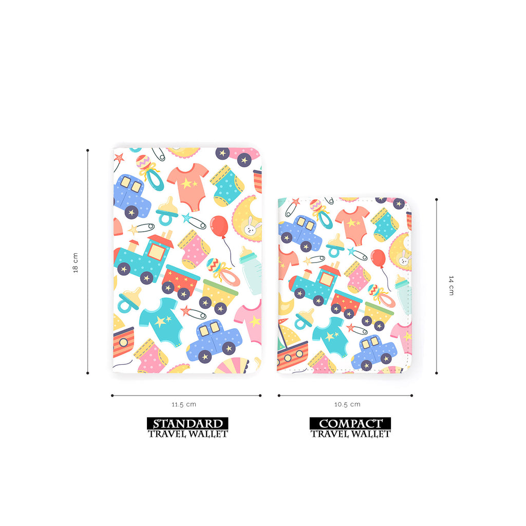 comparison of two sizes of personalized RFID blocking passport travel wallet with Hello Baby design
