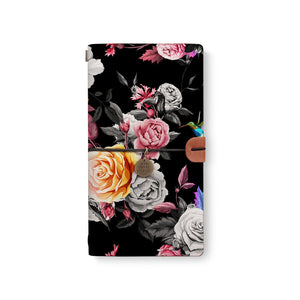 the front top view of midori style traveler's notebook with Black Flower design