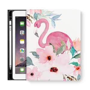 frontview of personalized iPad folio case with Flamingo design