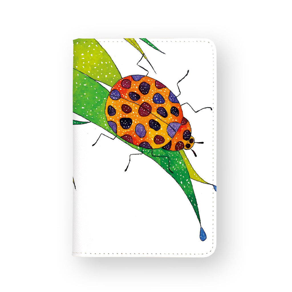 front view of personalized RFID blocking passport travel wallet with Lady Bug In Backyard design