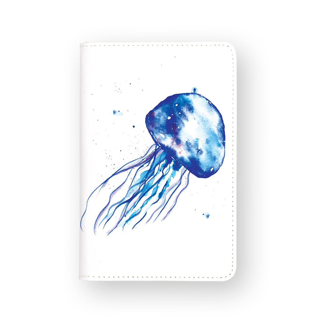 front view of personalized RFID blocking passport travel wallet with Blue Jellyfish design