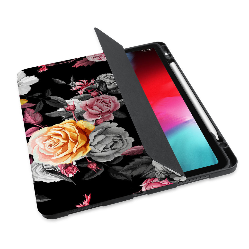 personalized iPad case with pencil holder and Black Flower design - swap