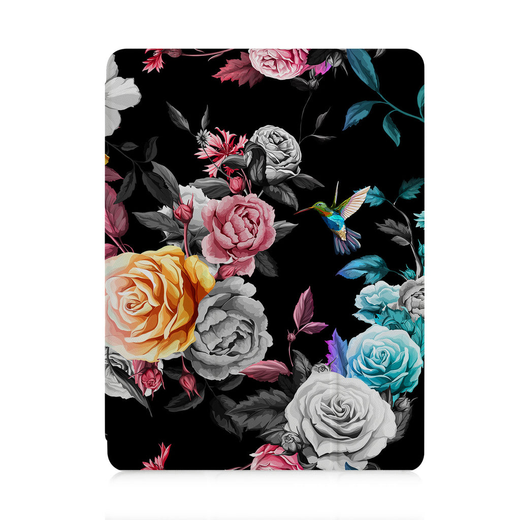 front and back view of personalized iPad case with pencil holder and Black Flower design
