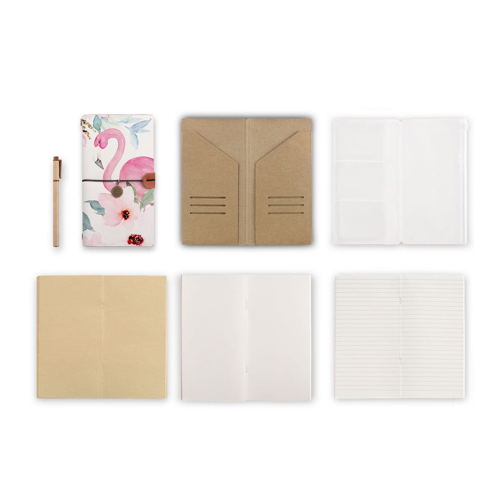 midori style traveler's notebook with Flamingo design, refills and accessories