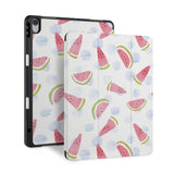 front back and stand view of personalized iPad case with pencil holder and Fruit Red design - swap