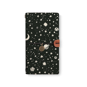 the front top view of midori style traveler's notebook with Space design