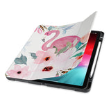 front view of personalized iPad case with pencil holder and Flamingo design