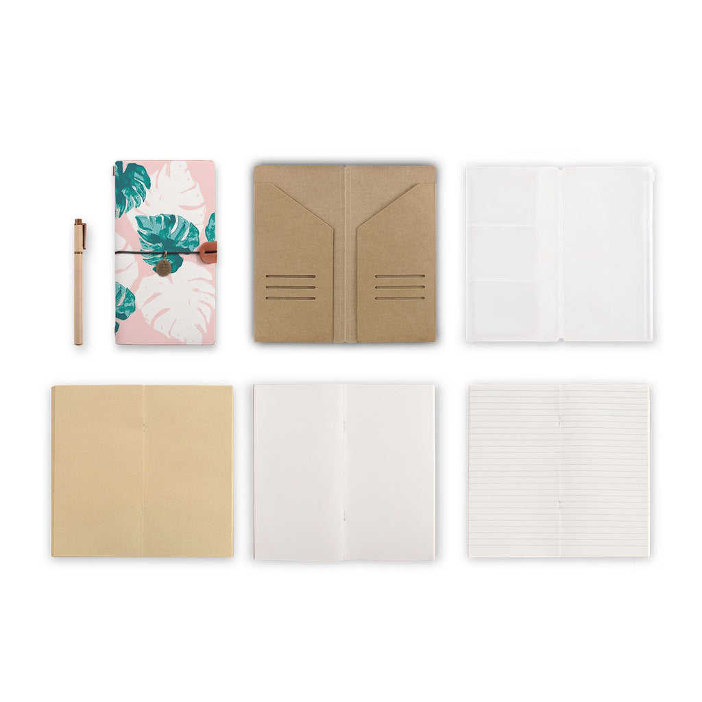 midori style traveler's notebook with Pink Flower 2 design, refills and accessories