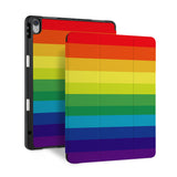 front back and stand view of personalized iPad case with pencil holder and Rainbow design - swap