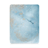 front and back view of personalized iPad case with pencil holder and Marble Gold design