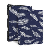 front back and stand view of personalized iPad case with pencil holder and Feather design - swap