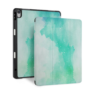 front back and stand view of personalized iPad case with pencil holder and Abstract Watercolor Splash design - swap