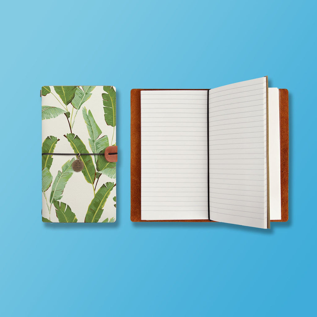 the front top view of midori style traveler's notebook with Green Leaves design