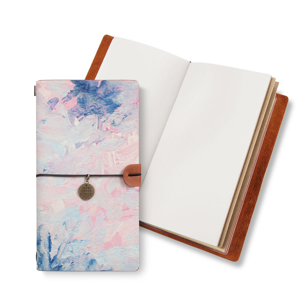 opened midori style traveler's notebook with Oil Painting Abstract design