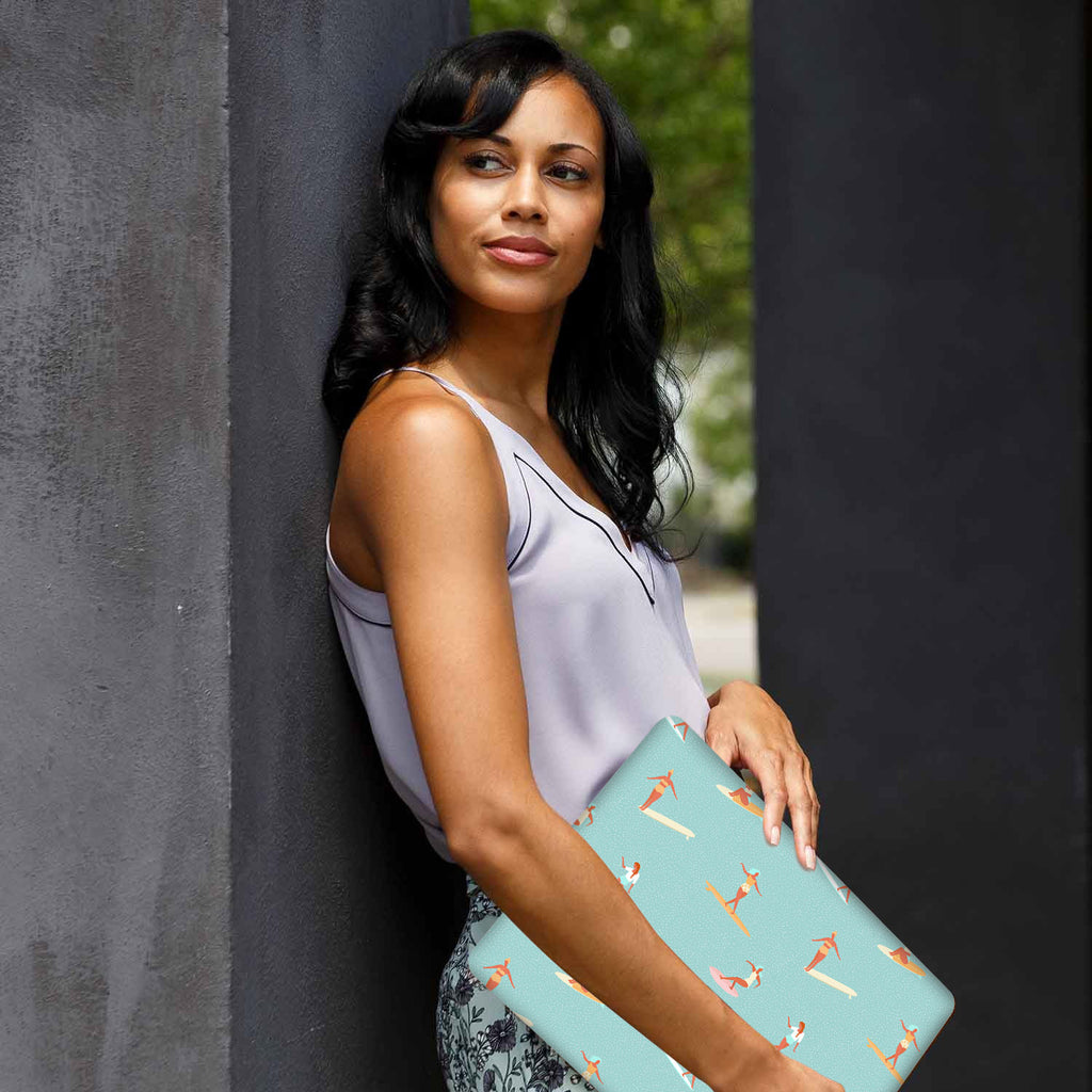A yong girl holding personalized microsoft surface laptop case with Summer design