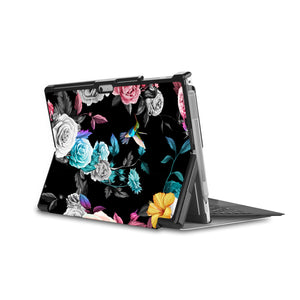 the back side of Personalized Microsoft Surface Pro and Go Case in Movie Stand View with Black Flower design - swap